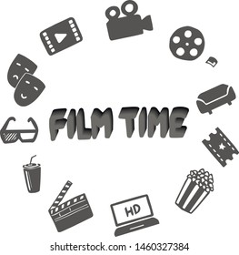 Vector flat cinema set background with place for text illustration. Gray round illustration about cinema movie film, entertainment, video, multimedia, popcorn 
