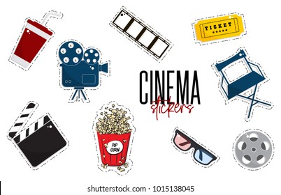 Vector flat cinema stickers: movie, camers, tickets, popcorn, glasses, chair, filmstrip. Tv symbol illustration. Modern graphic design. Film production outline set. Multimedia leisure weekend decor