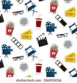 Vector flat cinema stickers pattern: movie, camers, tickets, popcorn, glasses, chair, filmstrip. Tv symbol illustration texture. Modern graphic design. Film production outline set. 