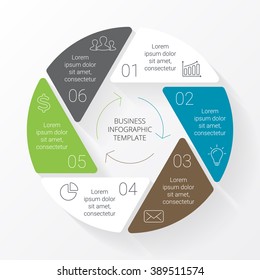 Vector flat circle arrows infographic. Template for cycle diagram, hexagon graph, presentation and round chart. Business linear concept sign with 6 options, parts, steps, processes. 