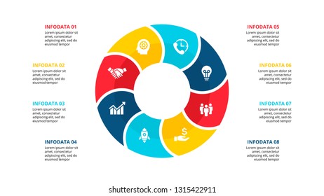 Vector flat circle element for infographic with 8 options. Cycle diagram.