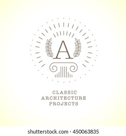 Vector flat city architect studio logo design isolated on white background. Classic ancient architecture bureau insignia icon. Building company, construction industry brand mark icon.