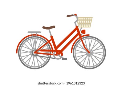 Vector flat city bicycle. Red bike with basket on white background.