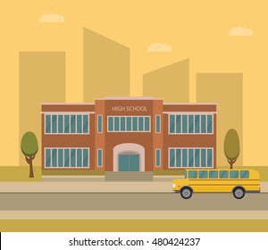 Vector flat City landscape with the schoolhouse and bus. school background set for website and internet.