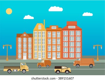Vector a flat city landscape summer day with houses and the road with truck and the van. Elemen of design of the website, infographics, banners, leaflets, flyers.