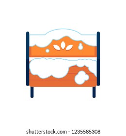 Vector flat city street bench with snow at winter icon. Outdoor snowy urban park landscape design object. Garden relaxation wooden comfortable seat. Isolated illustration