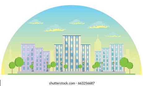 Vector flat cityscape
Skyscrapers, cloudy sky and street with trees and street lights