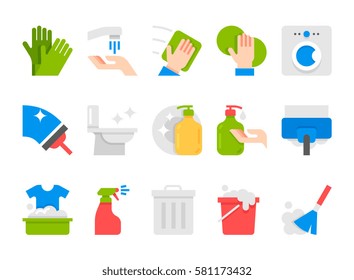 vector flat cleaning set icons. icons set of cleaning tools. flat design style.