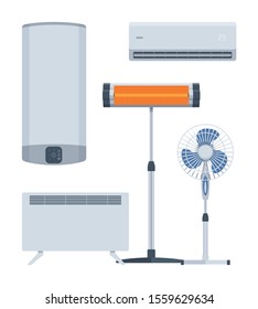 Vector flat climatic appliances set. Heaters & boiler & air conditioner & fan