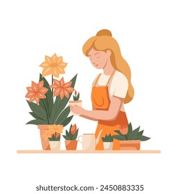 Vector flat clip art of a cute blonde woman gardener in an apron with flowers in pots isolated from background. Hobbies floristry and useful work. Trendy illustration for articles and postcards