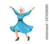 Vector flat clip art of happy beautiful senior woman in blue dress isolated from background. Active aging. Joyful old lady dancing in a dress. Age professional