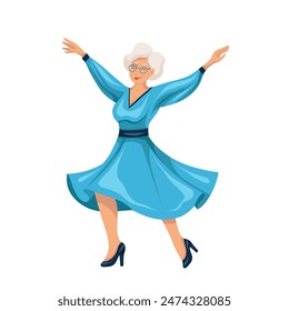 Vector flat clip art of happy beautiful senior woman in blue dress isolated from background. Active aging. Joyful old lady dancing in a dress. Age professional