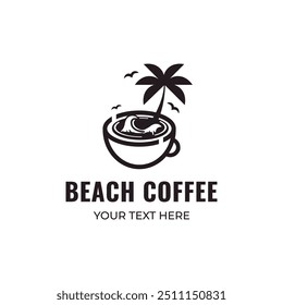 Xícara de café plana vetorial com logotipo de palmeira sobre fundo branco.  Ondas, pássaros, praia, tropical, bebida, elementos. 