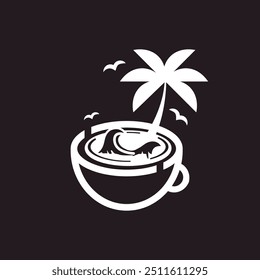 Vector flat coffee cup with palm tree logo symbol inversion on black background. Wave, birds, beach, tropical, drink, elements.