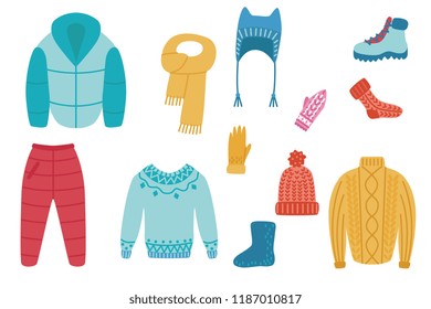 Vector flat cold weather - winter or autumn warm clothing set. Male, female active leisure, outdoor sport activity apparel. Hat, jacket trousers boots, socks sweater or pullover and mittens