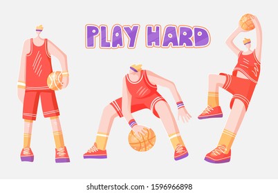 Vector flat collection of basketball players. Man playing in basketball, throwing a ball into basket, playing with ball and standing stright, dynamic active sport and basketballs. Professional