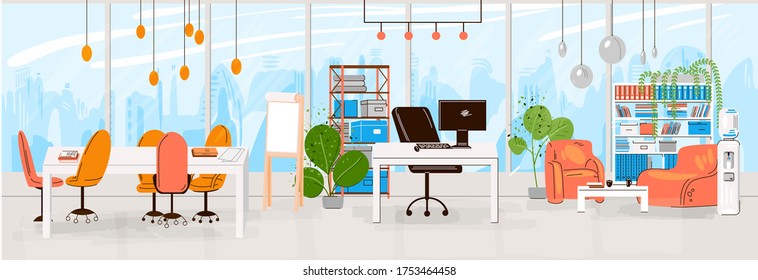 Vector Flat Collection of Creative Workplace with Modern Open Space and Empty Office Interior - Business and Contemporary Co-Working Illustraton. flat horizontal composition.