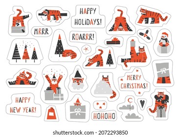 Vector flat collection of cute stickers with happy orange Siberian tigers and decorations for winter holidays. Animal character - symbol of Chinese New Year 2022. Design with Christmas mood