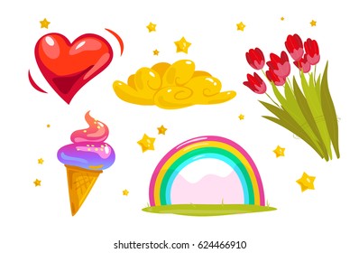 Vector flat collection of fairy elements isolated on white background. Shiny heart, tulip bouquet, ice cream cone, magic yellow cloud and green meadow with rainbow set. Cartoon style. Package design.