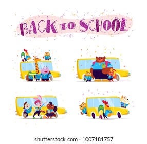 Vector flat collection of happy animal student standing at school bus. Back to school illustration isolated on white background. Cartoon style, lettering. Good for sticker, banner, packaging design