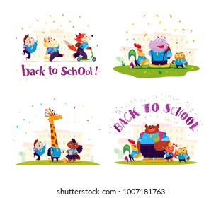 Vector flat collection of happy animal student standing at school building illustrations. Back to school pupil group isolated on white background. Cartoon style, lettering. Good for banner design.