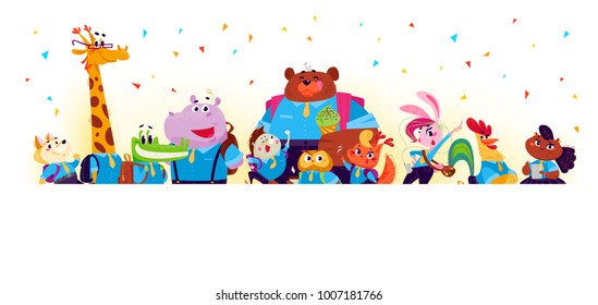 Vector flat collection of happy animal student standing behind white paper background. Back to school illustration isolated on white background. Cartoon style. Good for poster banner, packaging design