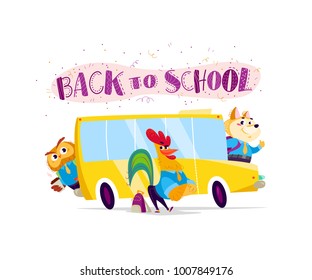 Vector flat collection of happy animal student standing at school bus. Back to school illustration isolated on white background. Cartoon style, lettering. Good for sticker, banner, packaging design