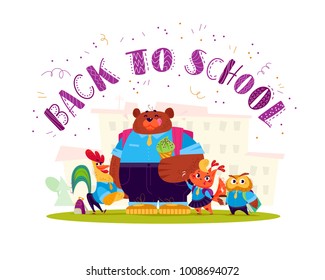 Vector flat collection of happy animal student standing at school building. Back to school illustration isolated on white background. Cartoon style, lettering. Good for sticker, banner, package design