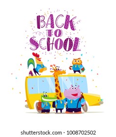 Vector flat collection of happy animal student standing at school bus. Back to school illustration isolated on white background. Cartoon style, lettering. Good for sticker, banner, packaging design