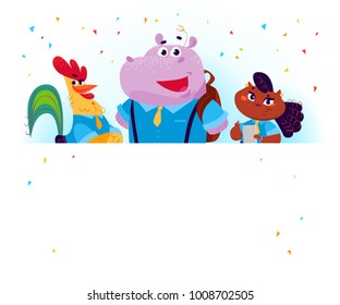 Vector flat collection of happy animal student standing behind white paper background. Back to school illustration isolated on white background. Cartoon style. Good for poster banner, packaging design