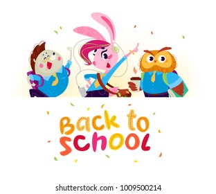 Vector flat collection of happy animal student standing behind white paper background. Back to school illustration isolated on white background. Cartoon style. Good for poster banner, packaging design