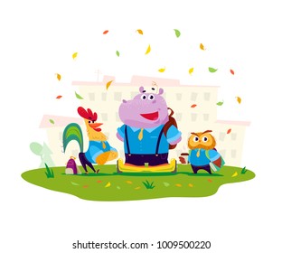 Vector flat collection of happy animal student standing at school building. Back to school illustration isolated on white background. Cartoon style. Good for prints, sticker, banner, packaging design