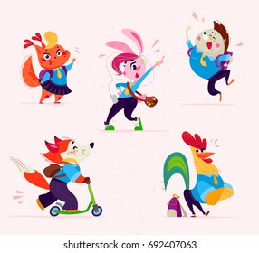 Vector flat collection of happy animal student isolated on white background - squirrel lady, bunny girl, hedgehog, rooster, fox riding scooter. Back to school. Cartoon style. Sticker, packaging design