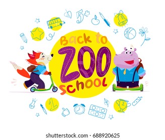 Vector flat collection of happy funny animal students. Back to school icon collection. Doodle study element set isolated on white background. Cartoon style. Good for sticker, banner, packaging design