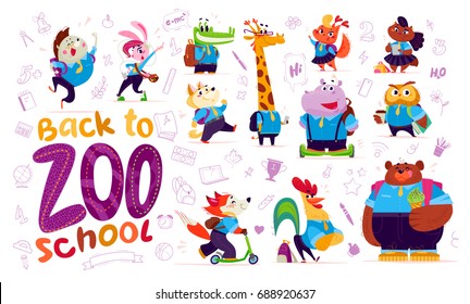 Vector Flat Collection Of Happy Funny Animal Students. Back To School Icon Collection. Doodle Study Element Set Isolated On White Background. Cartoon Style. Good For Sticker, Banner, Packaging Design