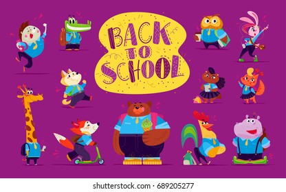 Vector flat collection of happy funny animal students element set isolated on violet background. Back to school icon collection. Cartoon style. Good for sticker, banner, packaging design.