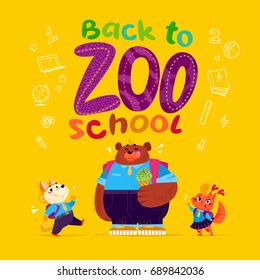 Colección plana vectorial de elementos alegres y divertidos de los estudiantes animales aislados en el fondo amarillo. Volver a la colección de iconos de la escuela. Estilo de caricatura. Es bueno para el diseño de pegatinas, banners y embalajes.