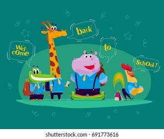 Vector flat collection of happy funny animal students - crocodile, giraffe, hippo, rooster - with speech bubbles. Back to school collection. Cartoon style. Good for sticker, banner, packaging design.