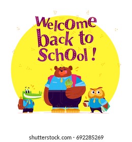 Vector flat collection of happy funny animal students - crocodile, big bear and coffee owl. Back to school set isolated on white background. Cartoon style. Good for sticker, banner, packaging design.