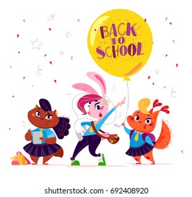 Vector flat collection of happy funny animal students - lady cat, bunny girl, squirrel lady - standing with yellow air ballon isolated on white background. Back to school set. Cartoon style, lettering