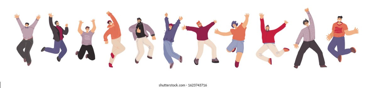 Vector flat collection of Happy Man illustration, dancing and jumping with joy, cheer, happiness, isolated on white background. Cheerful man, unity, frendship and brotherhood concept.