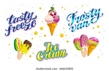 Vector flat collection of ice cream truck, store, shop and van logo design with lettering, hand written font and ice cream cone and eskimo icon isolated on white background. Tasty  dessert brand mark.