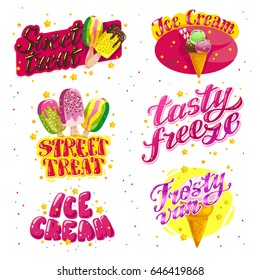 Vector flat collection of ice cream truck, store, shop and van logo design with lettering, hand written font and ice cream cone and eskimo icon isolated on white background. Tasty  dessert brand mark.