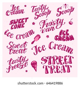 Vector flat collection of ice cream truck, store, shop and van logo design with lettering, hand written font and ice cream cone and eskimo icon isolated on white background. Tasty  dessert brand mark.