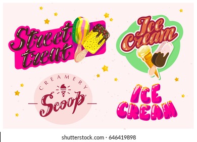 Vector flat collection of ice cream truck, store, shop and van logo design with lettering, hand written font and ice cream cone and eskimo icon isolated on white background. Tasty  dessert brand mark.
