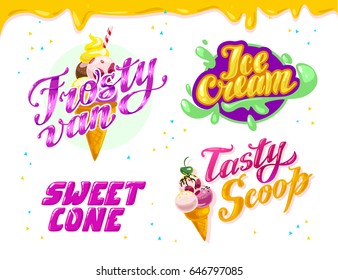 Vector flat collection of ice cream truck, store, shop and van logo design with lettering, hand written font and ice cream cone icon isolated on white background. Tasty  dessert brand mark.