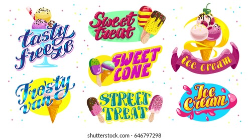 Vector flat collection of ice cream truck, store, shop and van logo design with lettering, hand written font and ice cream cone and eskimo icon isolated on white background. Tasty  dessert brand mark.