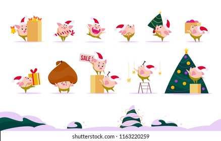 Vector flat collection of Merry Christmas happy pig elf - ring bell, carry lollipop, present box, gift bag, fir tree, decorate New year tree - isolated on white background. Web banner, card, packaging