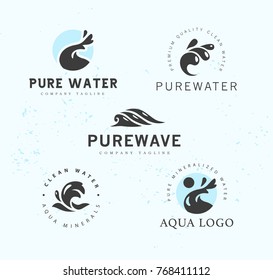 Vector flat collection of pure water logotypes isolated on white background. Water waves emblem isolated. Aqua logo design. Natural clean eco water symbol, sign. 