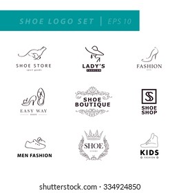 Vector flat collection of stylish modern shoe logo for women, men and kids. Shoe icons set. Shoe store insignia. Footwear business icons. Hat glamour symbol.